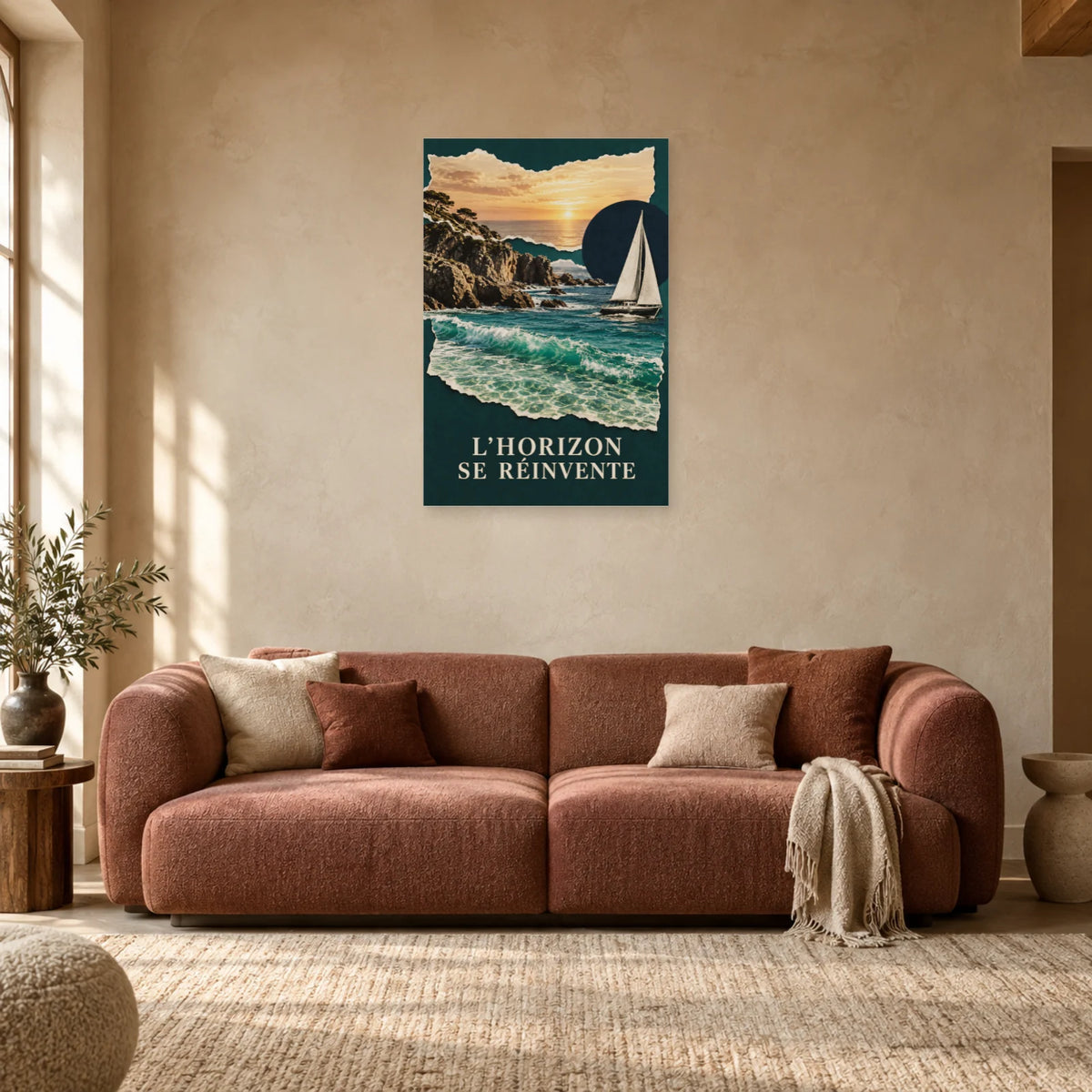 Affiche Collage mer - Horizons déchirés dans un salon - Art Virtuoso