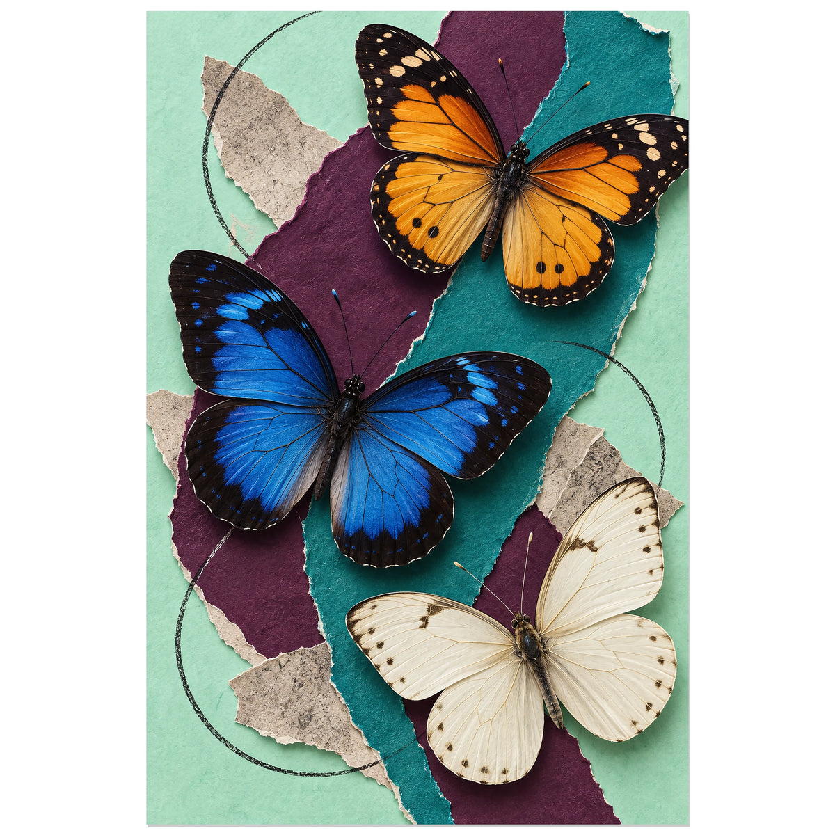 Affiche Collage papillons - Envol de papier, collage photographique / papier découpé / composition naturaliste verticale, format 30 × 45 cm
