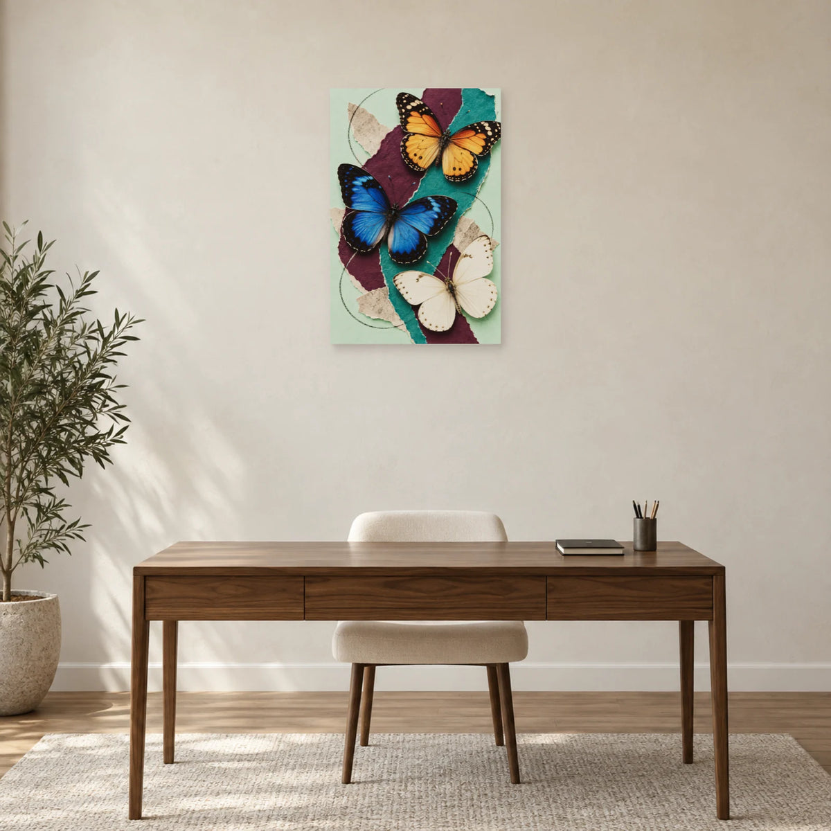 Affiche Collage papillons - Envol de papier dans un bureau - Art Virtuoso
