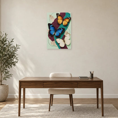 Affiche Collage papillons - Envol de papier dans un bureau - Art Virtuoso