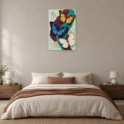 Affiche Collage papillons - Envol de papier dans une chambre - Art Virtuoso