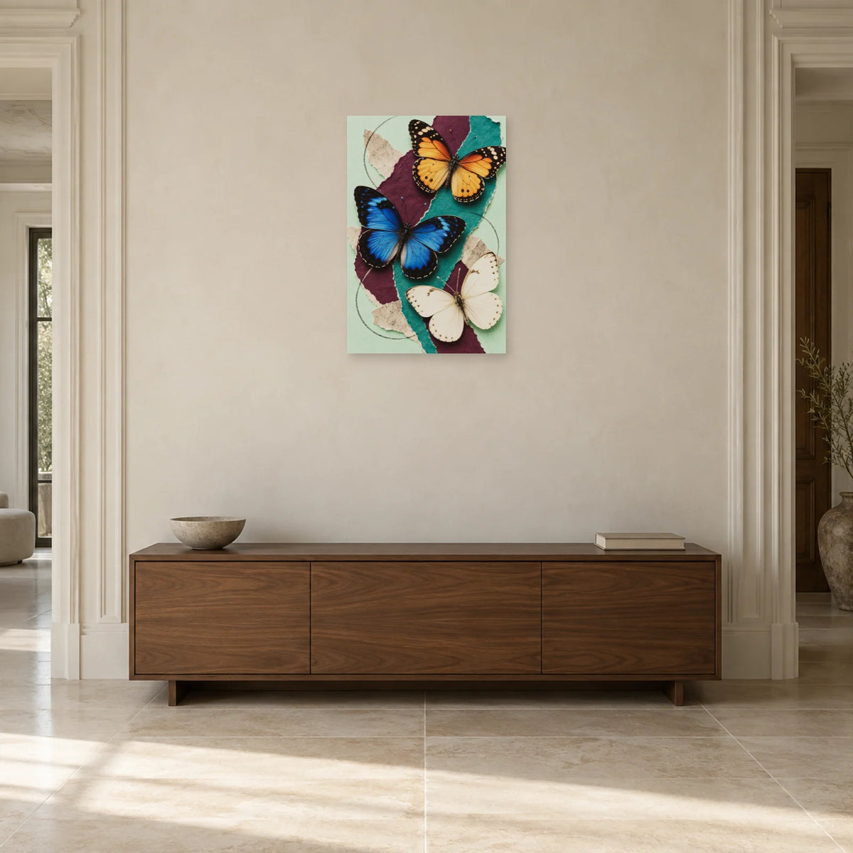 Affiche Collage papillons - Envol de papier dans une entrée ou un couloir - Art Virtuoso