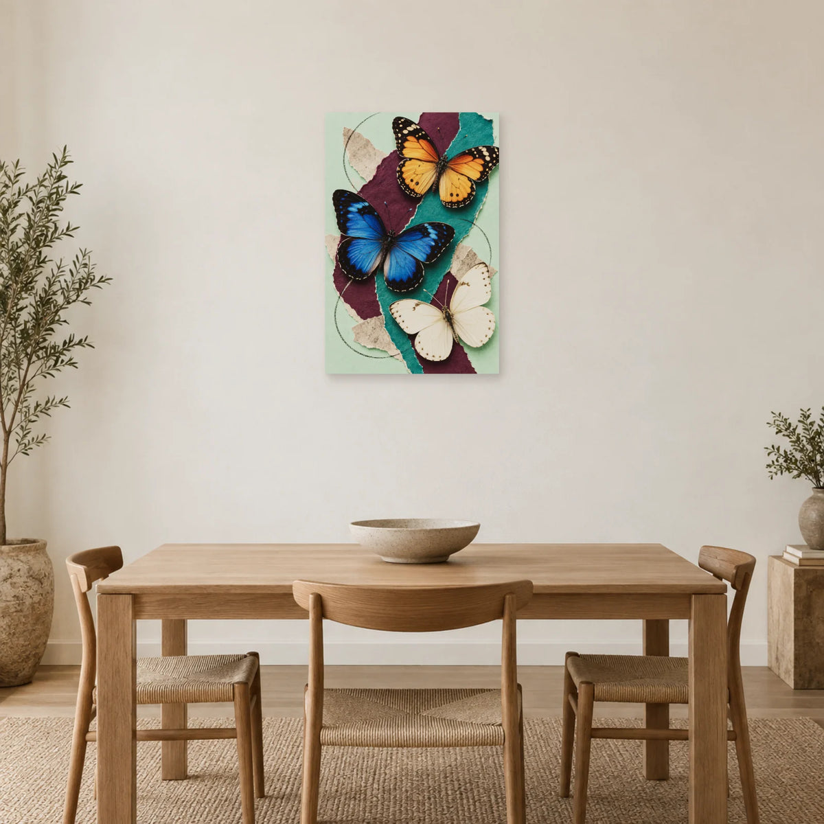 Affiche Collage papillons - Envol de papier dans une salle à manger - Art Virtuoso