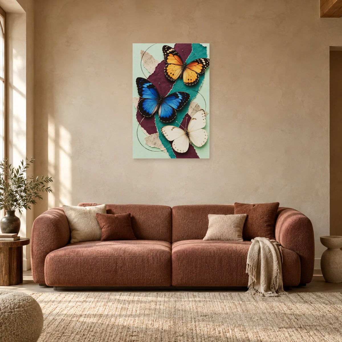 Affiche Collage papillons - Envol de papier dans un salon - Art Virtuoso