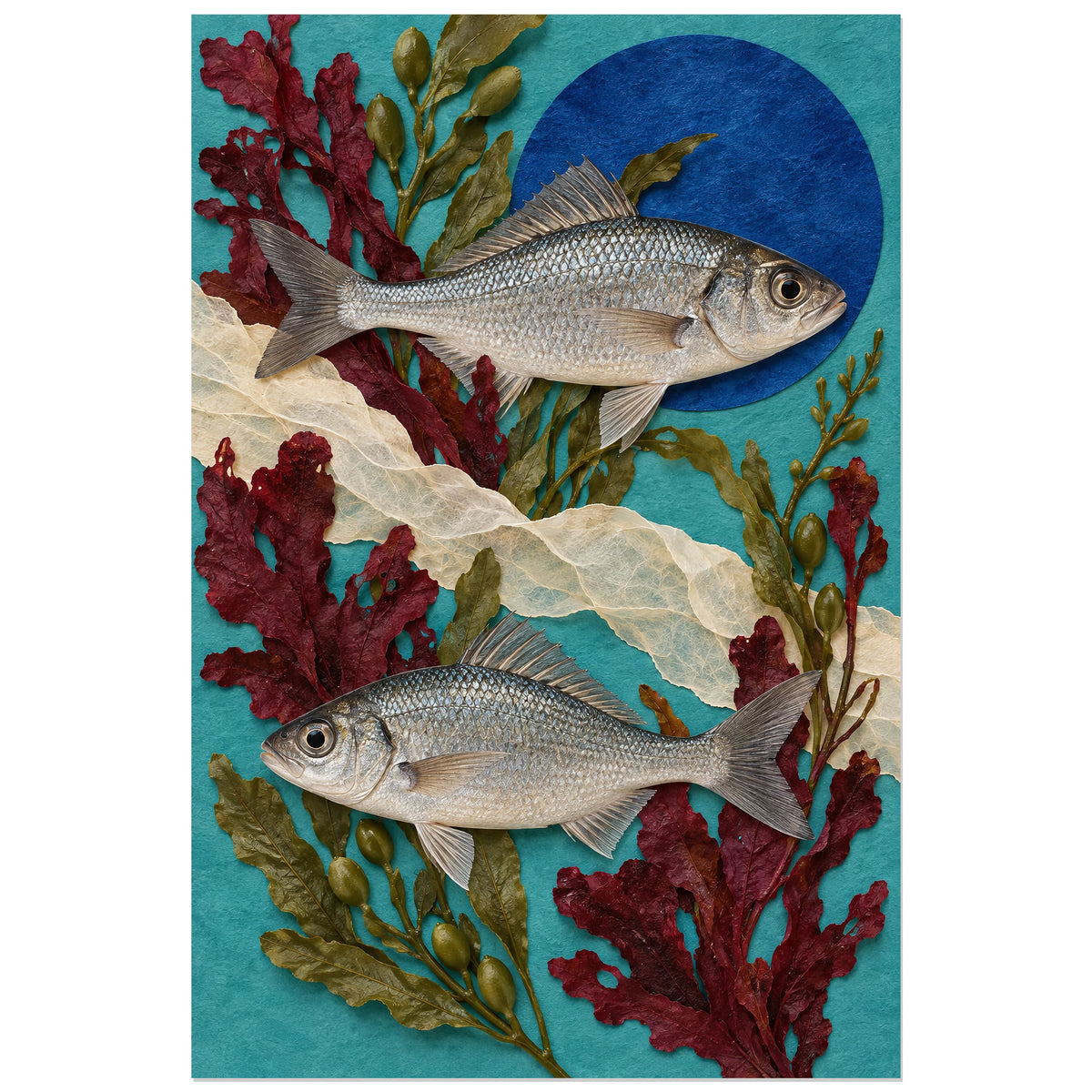 Affiche Collage poissons - Jardin marin, collage photographique / composition naturaliste / papier déchiré verticale, format 30 × 45 cm