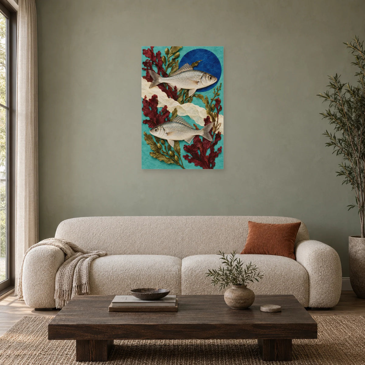 Affiche Collage poissons - Jardin marin dans un salon - Art Virtuoso
