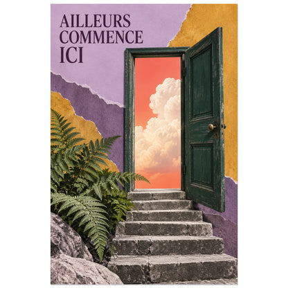 Affiche Collage porte - Ailleurs commence ici, collage photographique / papier déchiré / photomontage poétique verticale, format 40 × 60 cm