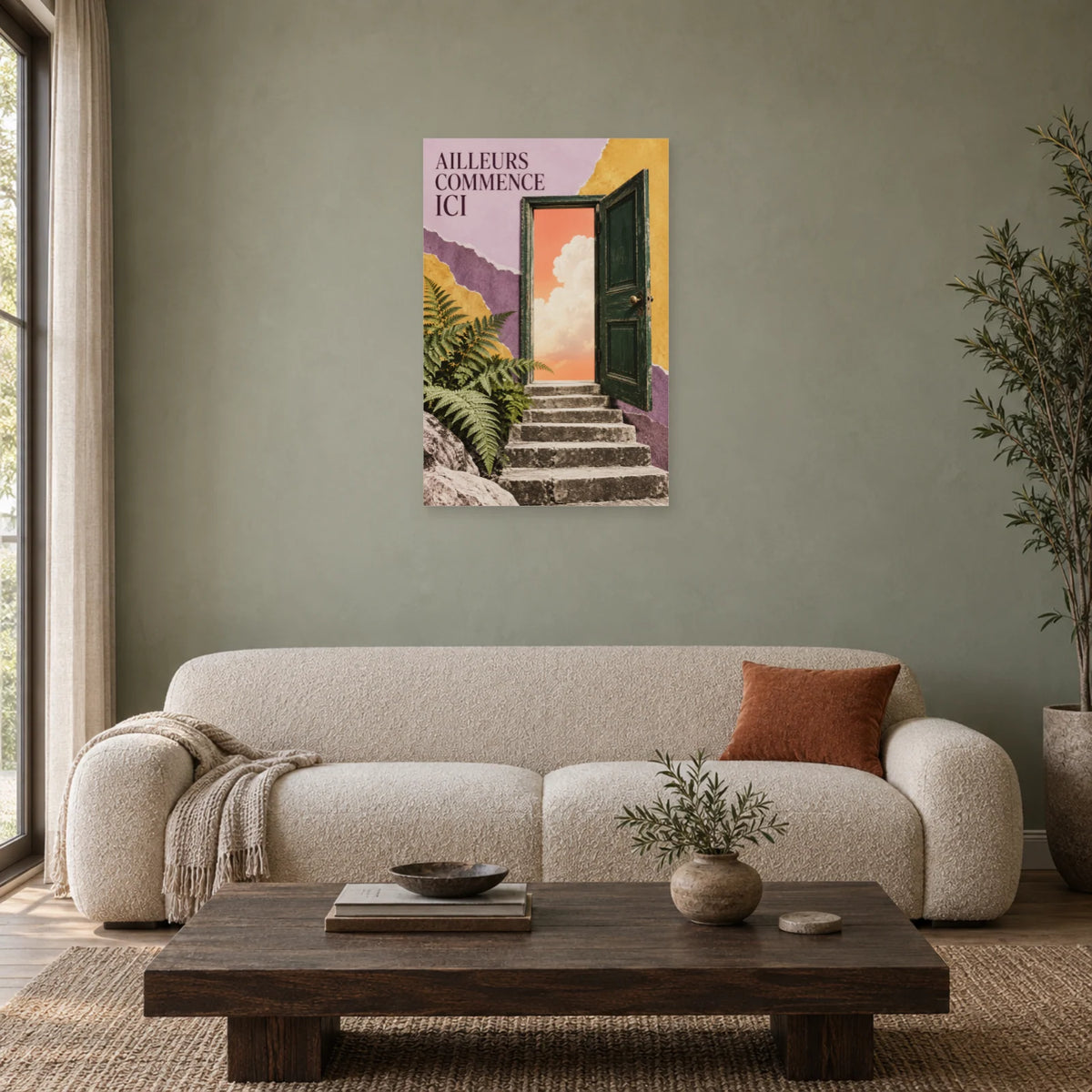 Affiche Collage porte - Ailleurs commence ici dans un salon - Art Virtuoso