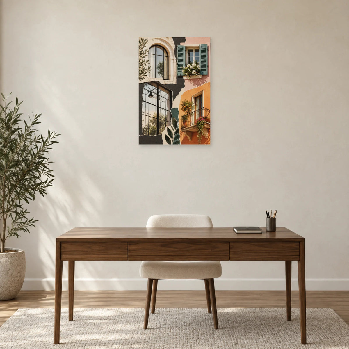Affiche Collage ville - Fenêtres superposées dans un bureau - Art Virtuoso