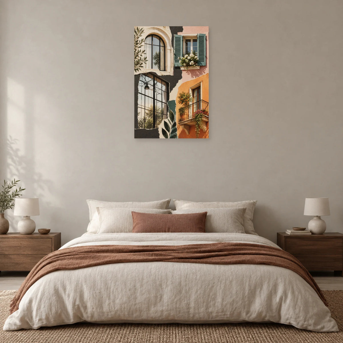 Affiche Collage ville - Fenêtres superposées dans une chambre - Art Virtuoso