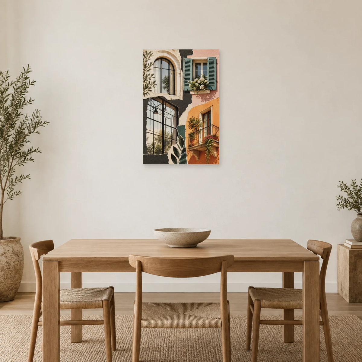 Affiche Collage ville - Fenêtres superposées dans une salle à manger - Art Virtuoso