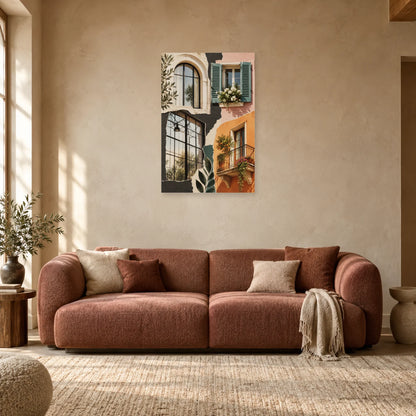 Affiche Collage ville - Fenêtres superposées dans un salon - Art Virtuoso