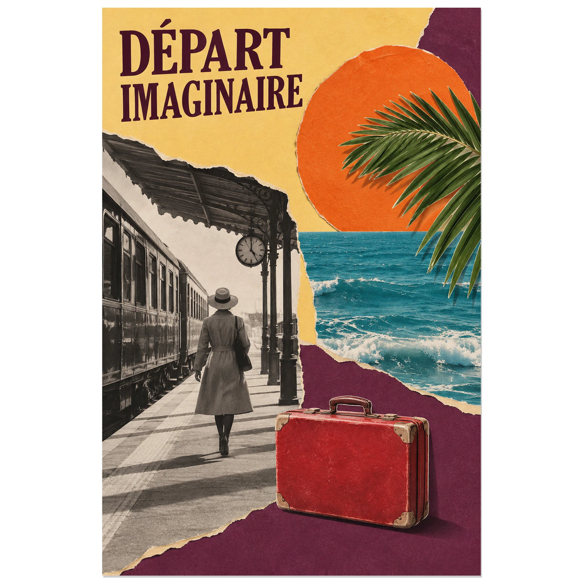 Affiche Collage voyage - Départ imaginaire, collage photographique / inspiration voyage rétro / papier déchiré verticale, format 30 × 45 cm