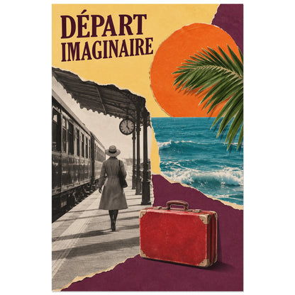 Affiche Collage voyage - Départ imaginaire, collage photographique / inspiration voyage rétro / papier déchiré verticale, format 30 × 45 cm