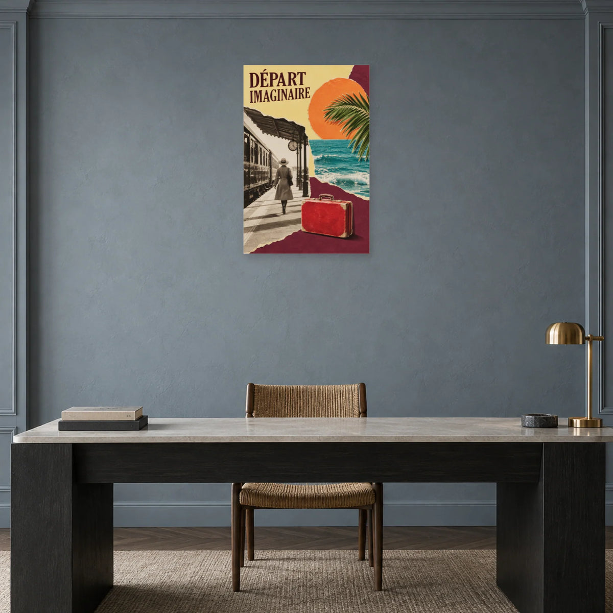 Affiche Collage voyage - Départ imaginaire dans un bureau - Art Virtuoso