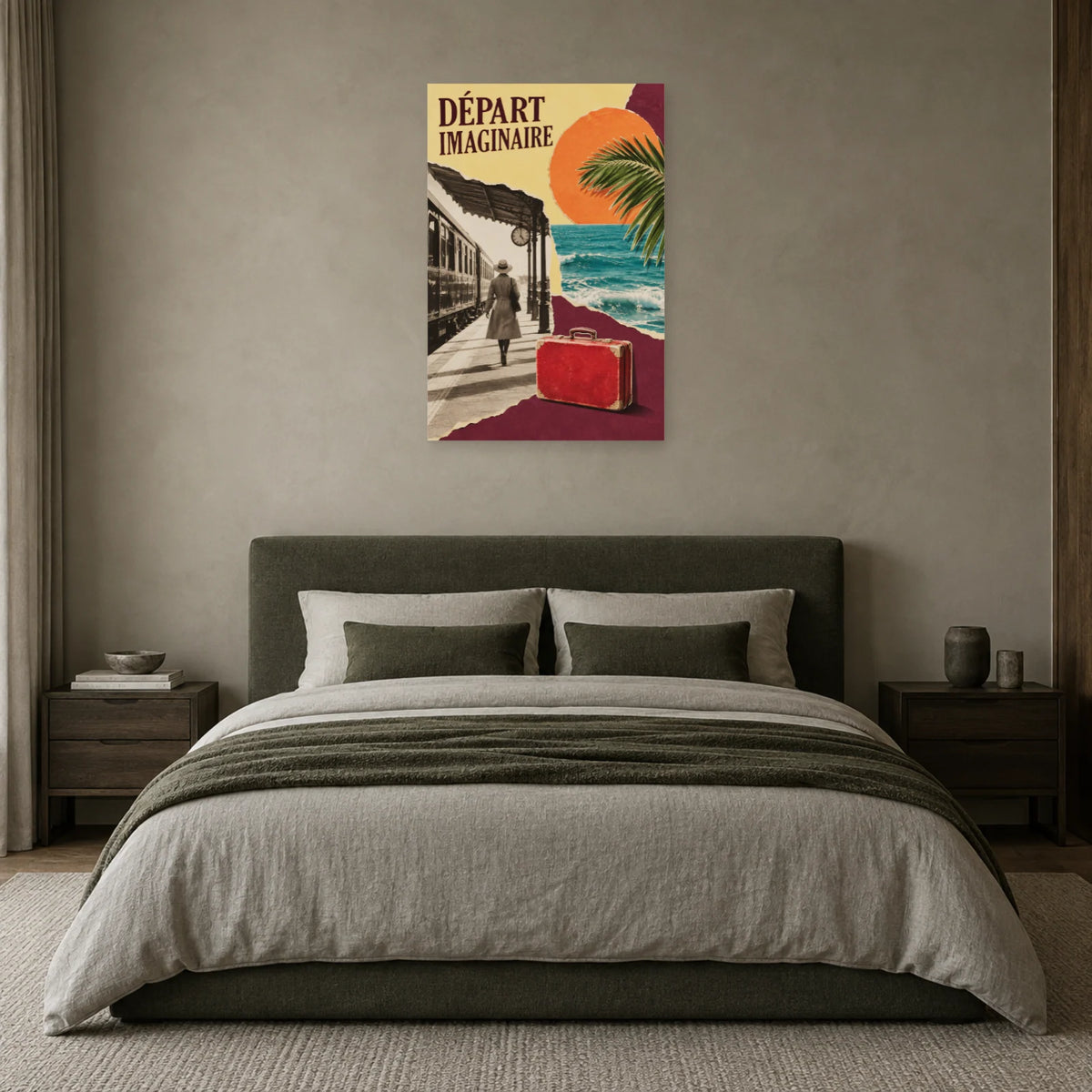 Affiche Collage voyage - Départ imaginaire dans une chambre - Art Virtuoso