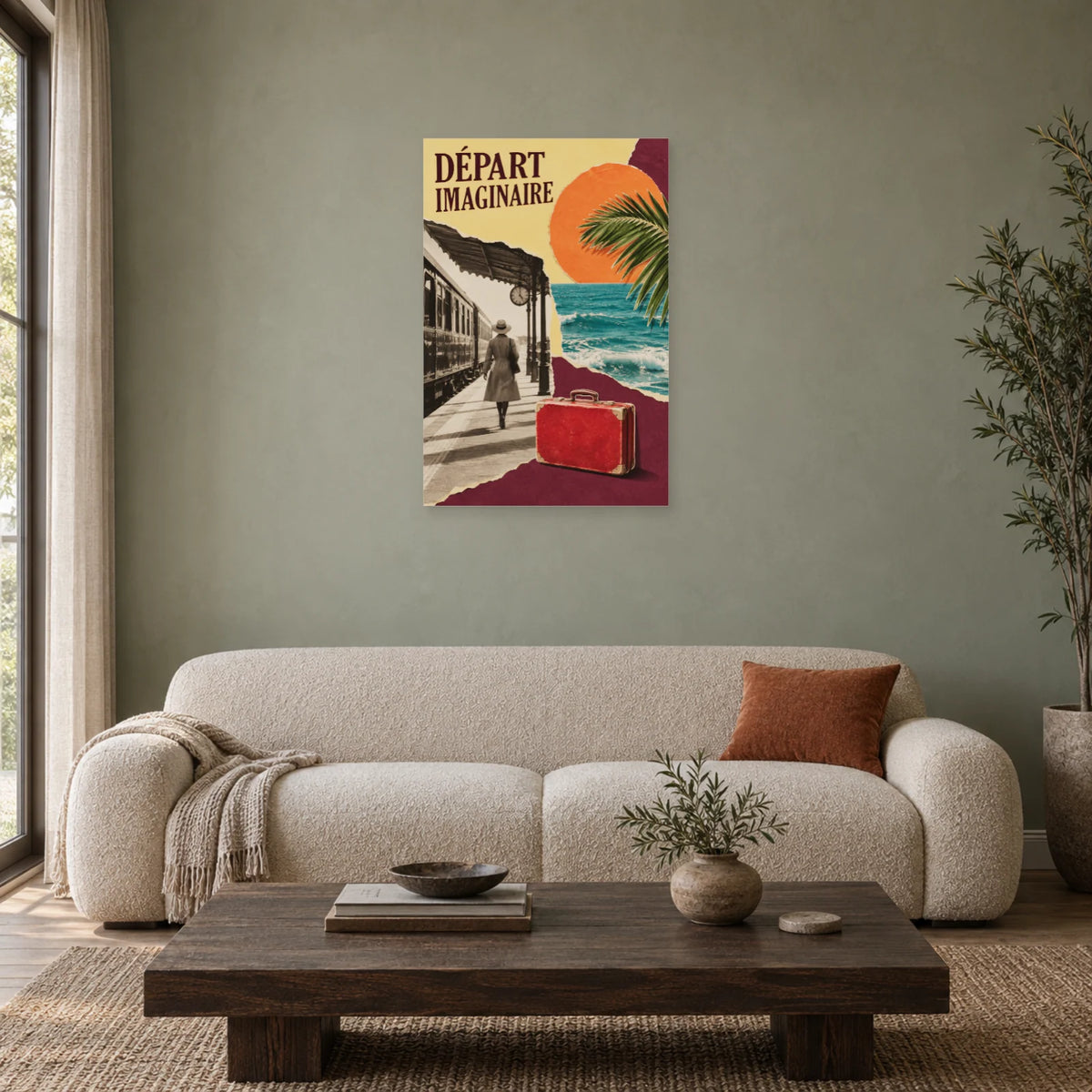 Affiche Collage voyage - Départ imaginaire dans un salon - Art Virtuoso