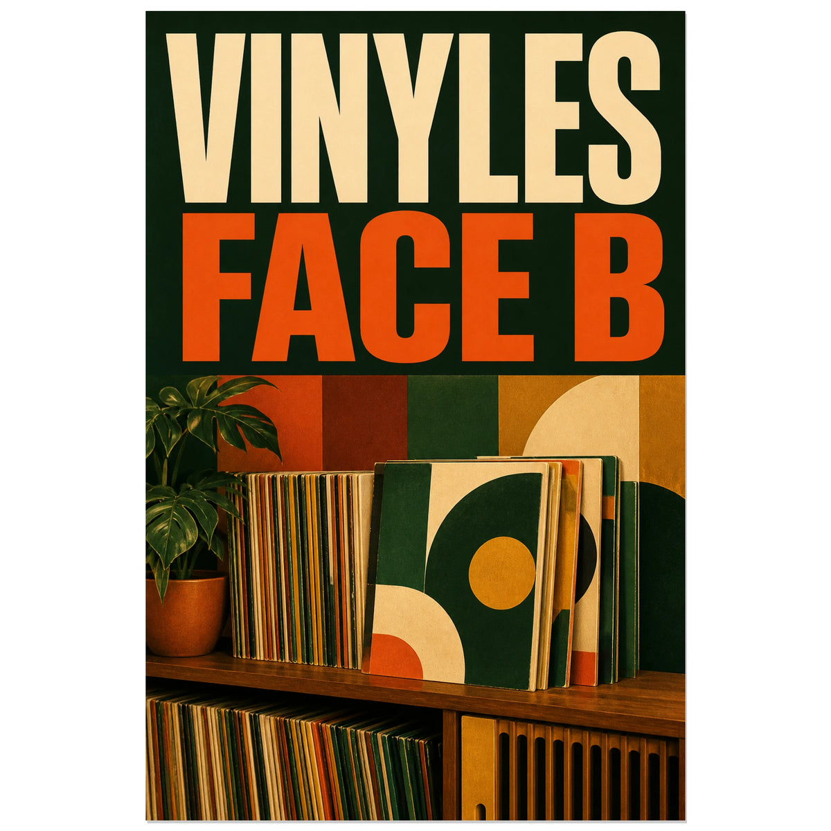 Affiche Collection de vinyles – Face B, illustration décorative rétro mid-century verticale, format 30 × 45 cm