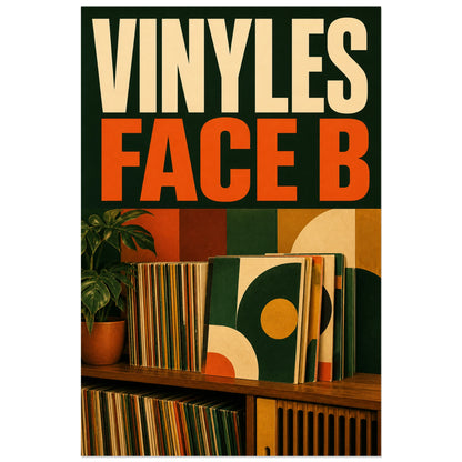 Affiche Collection de vinyles – Face B, illustration décorative rétro mid-century verticale, format 30 × 45 cm