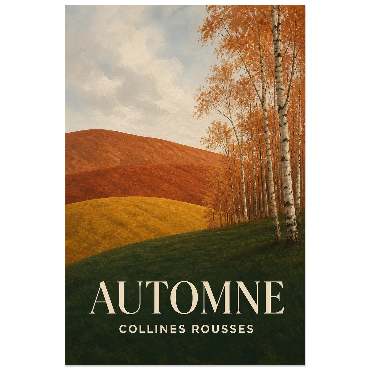 Affiche Automne - Collines rousses, gouache automnale contemporaine verticale, format 40 × 60 cm