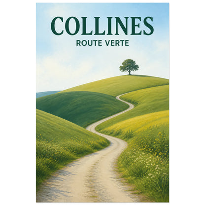 Affiche Collines - Route verte, gouache paysagère contemporaine verticale, format 30 × 45 cm