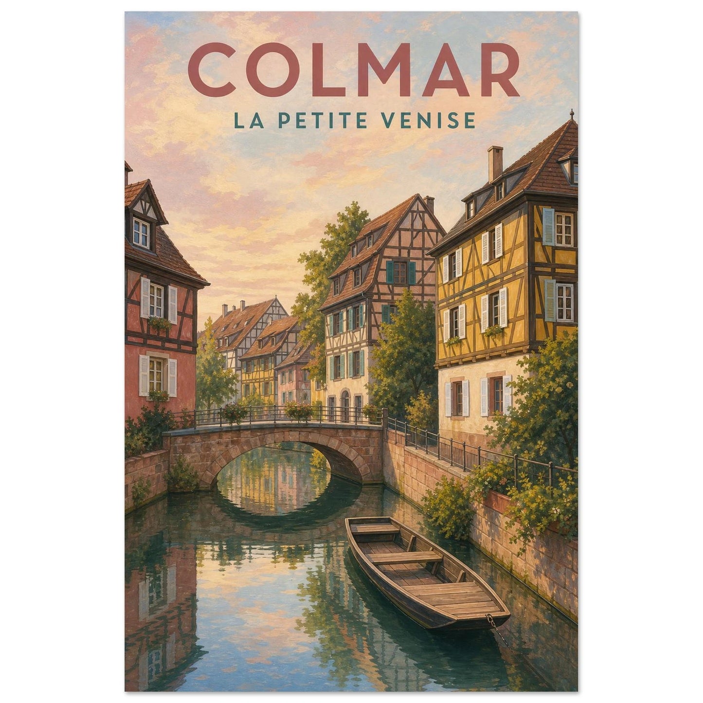 Affiche Colmar – La Petite Venise, illustration verticale gouache décorative, format 60 × 90 cm