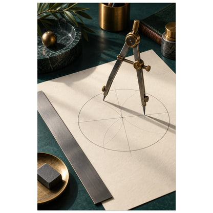 Règle métallique et papier ivoire sur bureau vert, affiche 40 × 60 cm