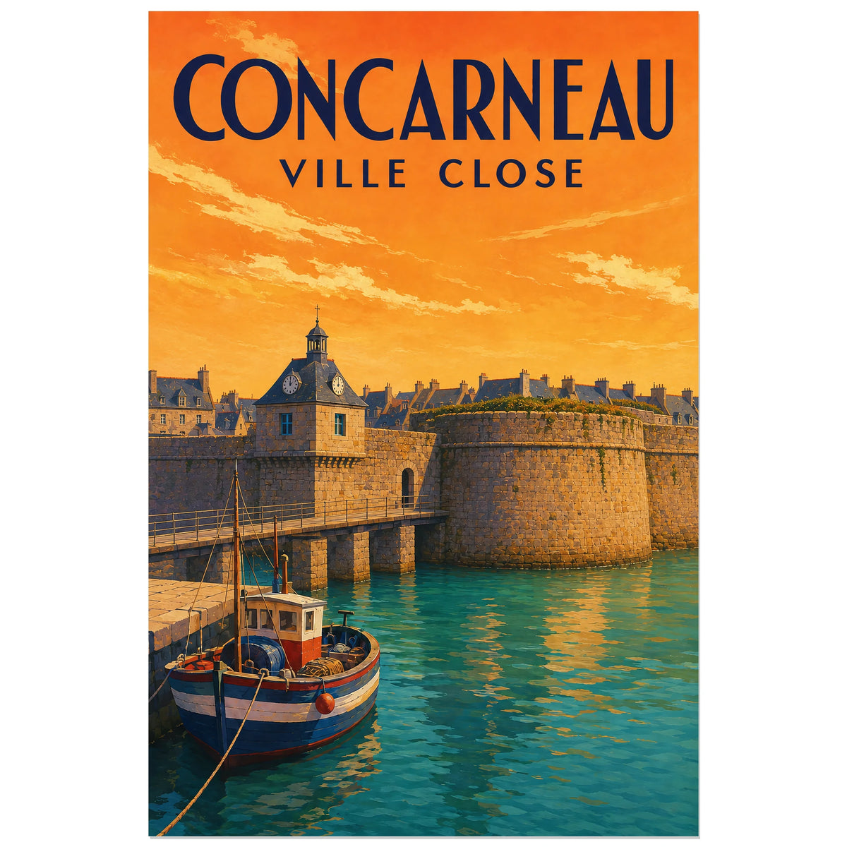 Ville Close au-dessus du port sous un ciel orange, affiche 40 × 60 cm