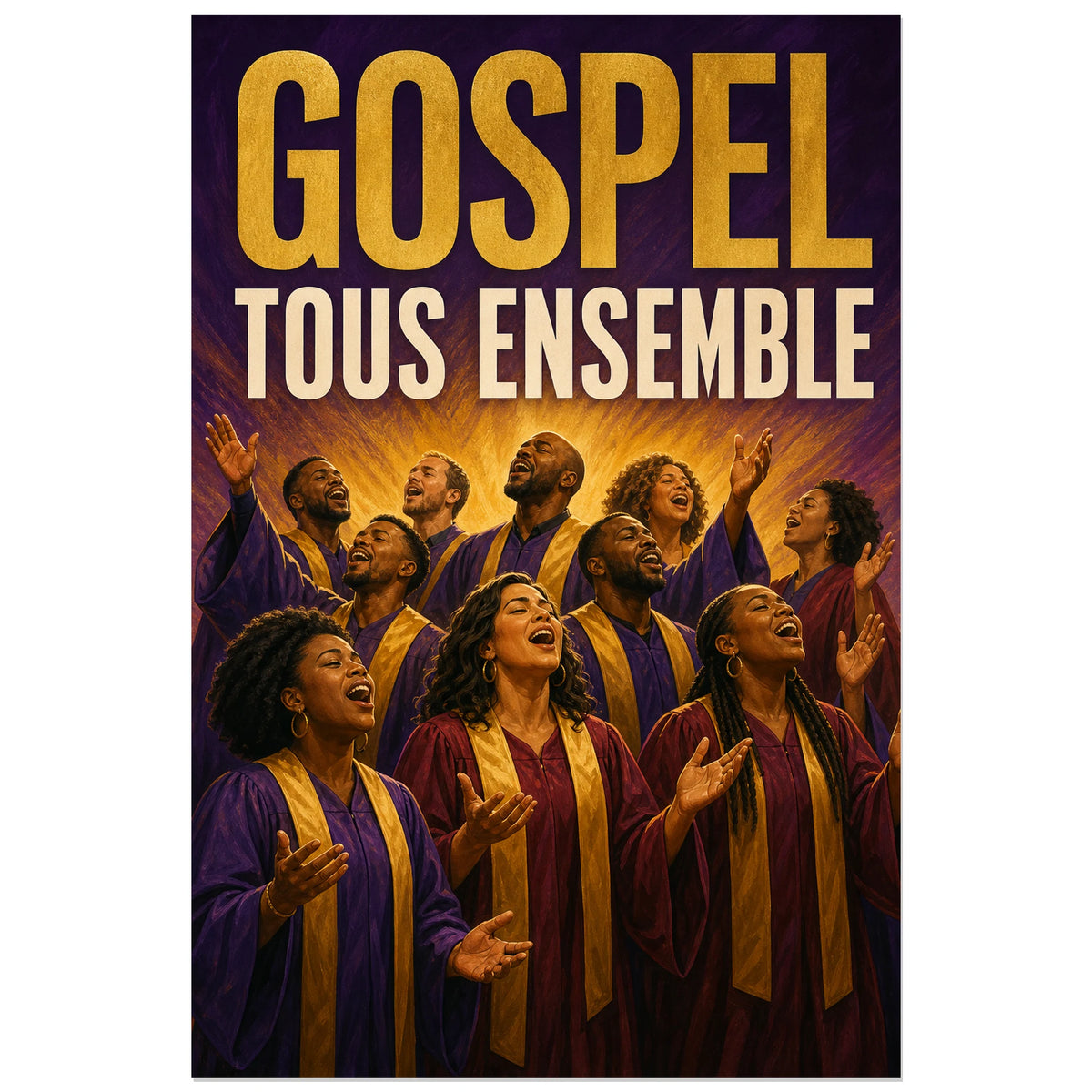Affiche Concert gospel - Tous ensemble, illustration editoriale gospel lumineuse verticale, format 40 × 60 cm