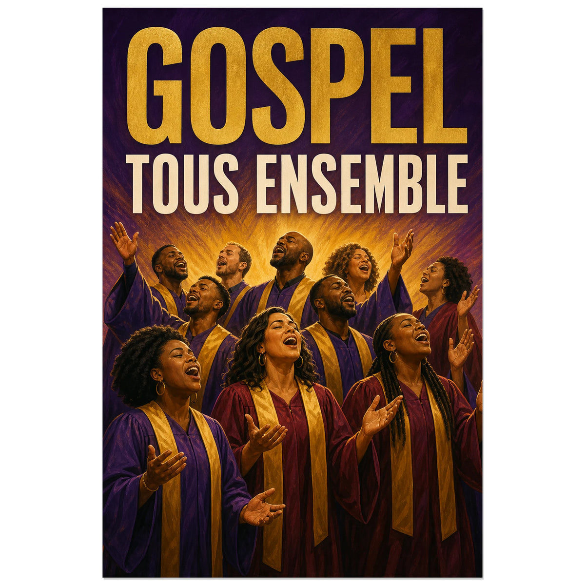 Affiche Concert gospel - Tous ensemble, illustration editoriale gospel lumineuse verticale, format 60 × 90 cm