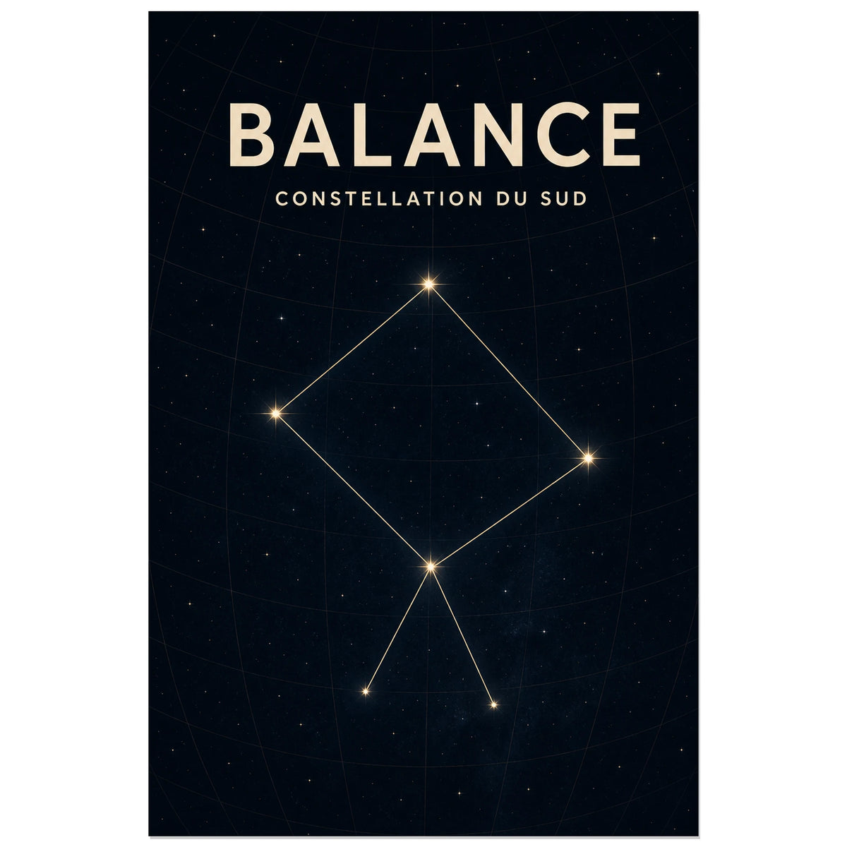 Affiche Balance – Constellation du Sud, carte céleste scientifique contemporaine verticale, format 30 × 45 cm