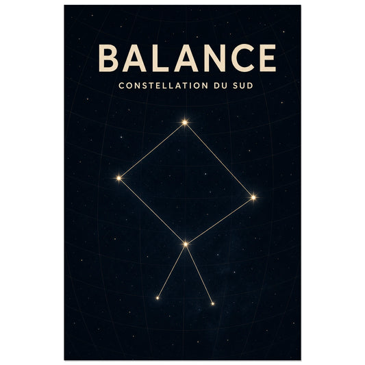 Affiche Balance – Constellation du Sud, carte céleste scientifique contemporaine verticale, format 30 × 45 cm