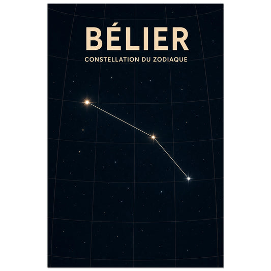 Affiche Bélier – Constellation du zodiaque, carte céleste scientifique minimaliste verticale, format 30 × 45 cm
