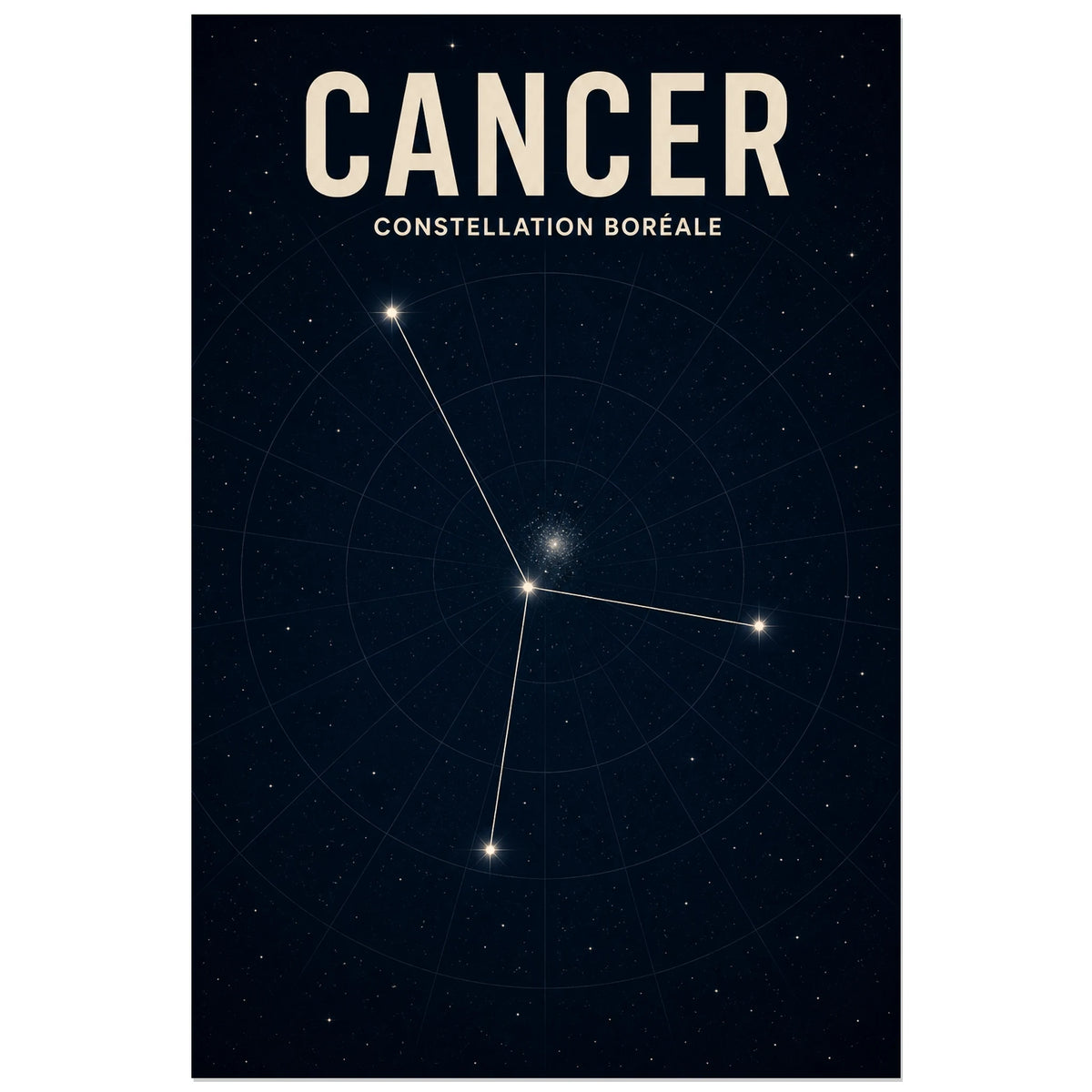 Affiche Cancer – Constellation boréale, carte céleste scientifique minimaliste verticale, format 30 × 45 cm