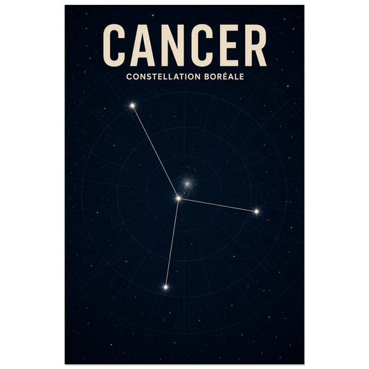 Affiche Cancer – Constellation boréale, carte céleste scientifique minimaliste verticale, format 30 × 45 cm