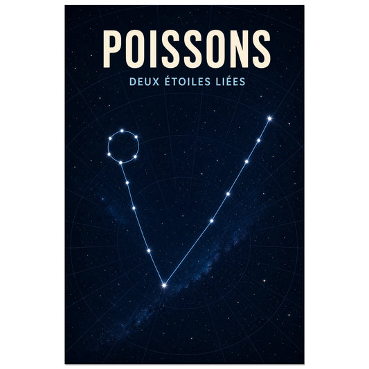 Affiche Poissons – Deux étoiles liées, carte céleste scientifique contemporaine verticale, format 30 × 45 cm