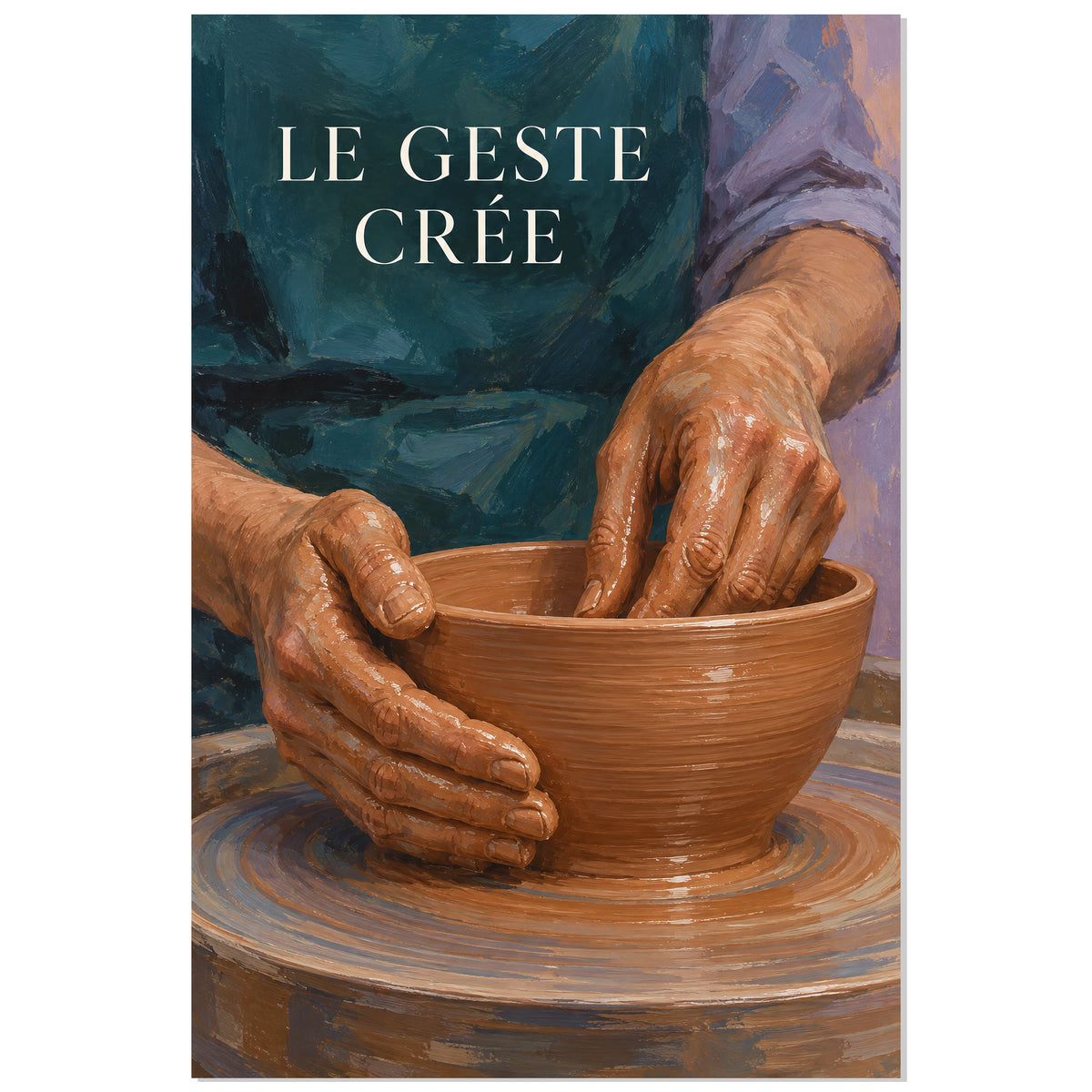 Affiche Le geste crée 30 × 45 cm, mains de potier autour d’un bol