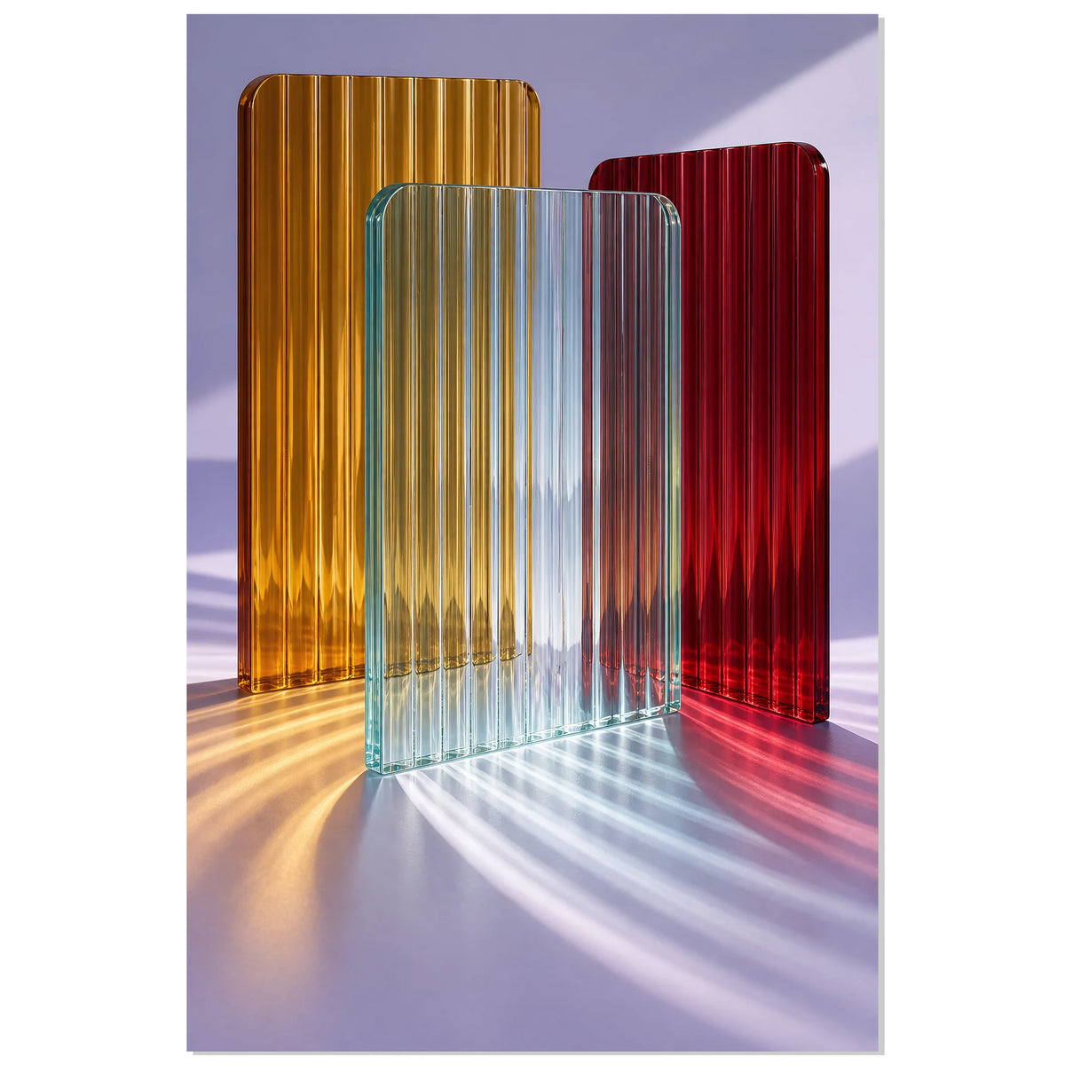 Riffelglas-Poster mit bernstein-, rubin- und aquafarbenen Platten und farbigem Licht auf Lavendel — Hochformat 60 × 90 cm