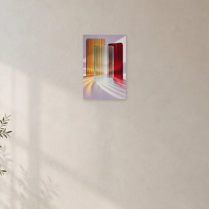 Riffelglas-Poster mit bernstein-, rubin- und aquafarbenen Platten und farbigem Licht auf Lavendel an einer hellen Wand mit sanftem Seitenlicht