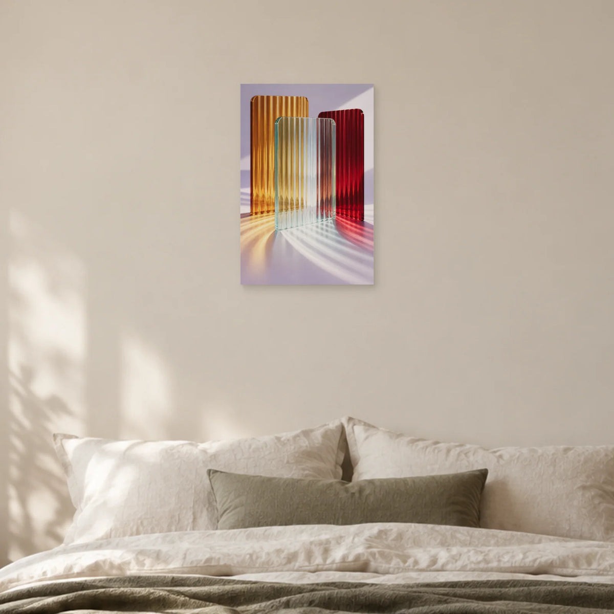 Riffelglas-Poster mit bernstein-, rubin- und aquafarbenen Platten und farbigem Licht auf Lavendel über einem Bett mit neutraler Bettwäsche und olivgrünem Kissen