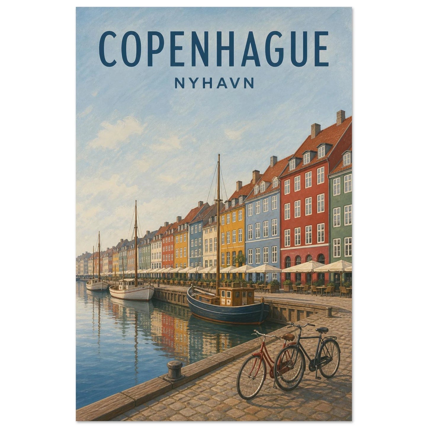 Affiche Copenhague – Nyhavn, illustration verticale gouache scandinave, format 40 × 60 cm