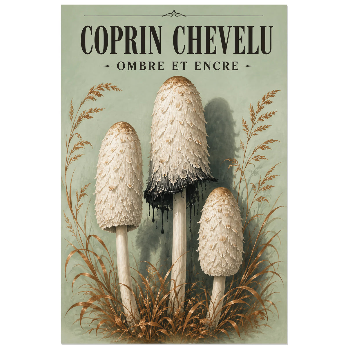 Affiche Coprin chevelu – Ombre et encre, planche naturaliste / affiche vintage verticale, format 30 × 45 cm
