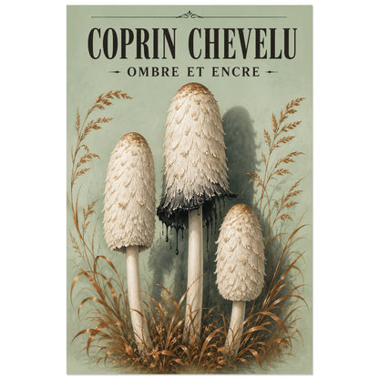 Affiche Coprin chevelu – Ombre et encre, planche naturaliste / affiche vintage verticale, format 40 × 60 cm
