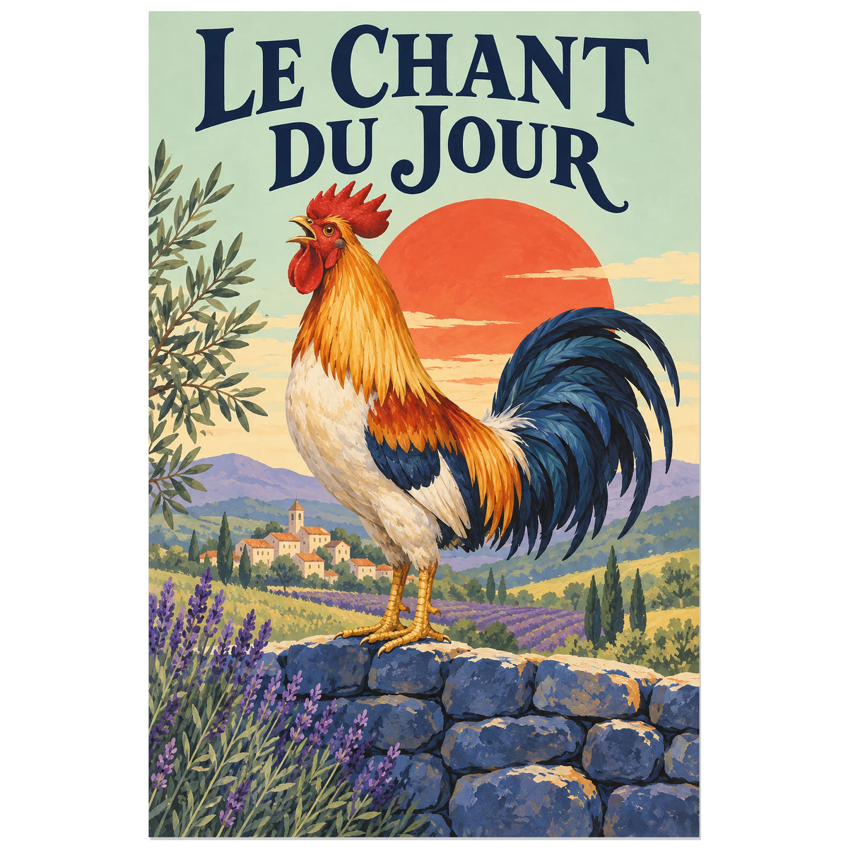 Affiche Coq – Le chant du jour, gouache figurative / affiche vintage verticale, format 30 × 45 cm