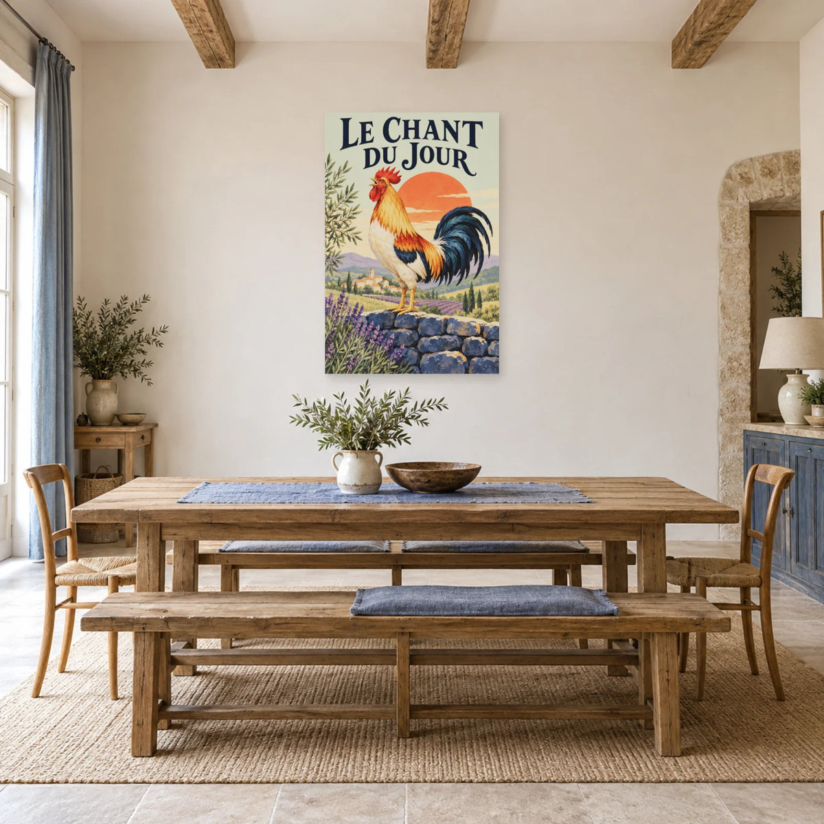 Affiche Coq - Le chant du jour dans une salle à manger - Art Virtuoso