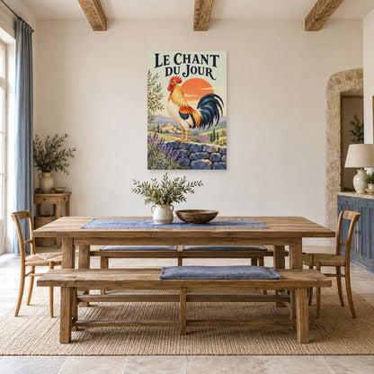Affiche Coq - Le chant du jour dans une salle à manger - Art Virtuoso
