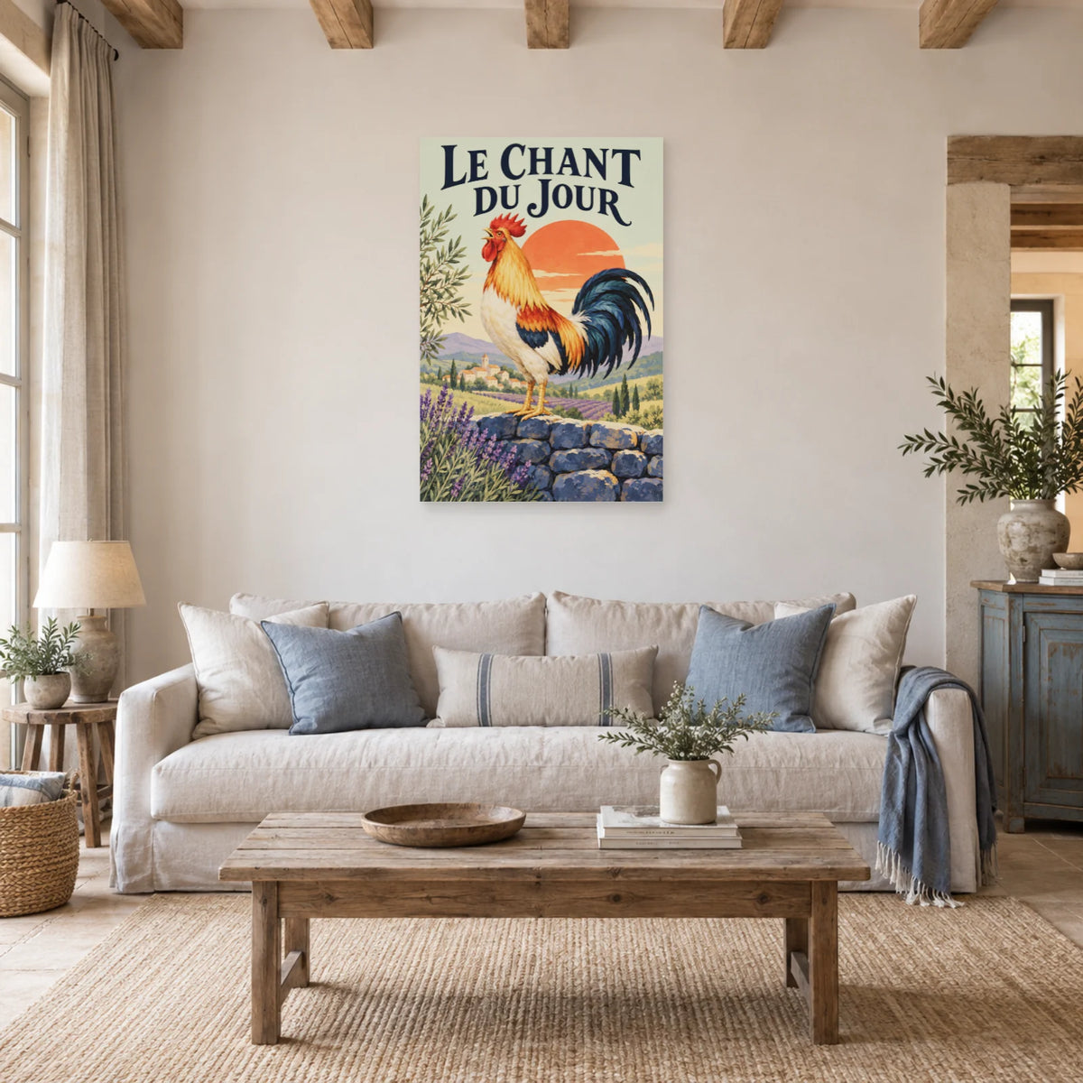 Affiche Coq - Le chant du jour dans un salon - Art Virtuoso