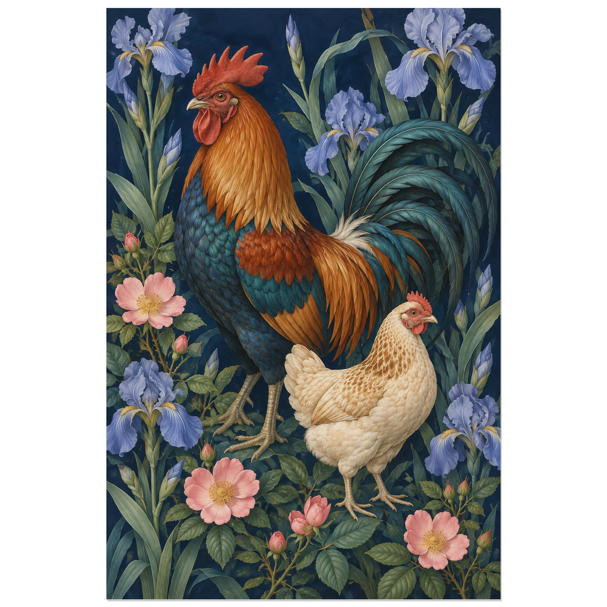 Affiche Coq et poule – Jardin bleu, peinture décorative / arts and crafts / illustration botanique verticale, format 40 × 60 cm
