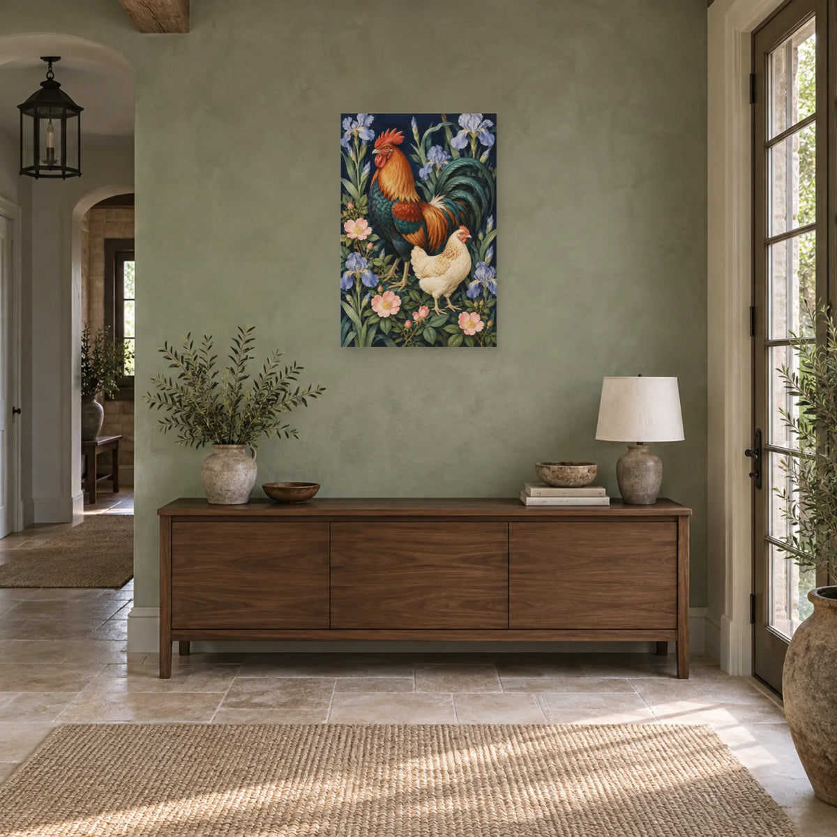 Affiche Coq et poule - Jardin bleu dans une entrée ou un couloir - Art Virtuoso
