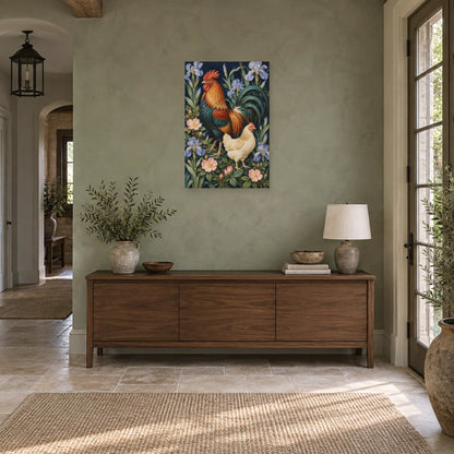 Affiche Coq et poule - Jardin bleu dans une entrée ou un couloir - Art Virtuoso